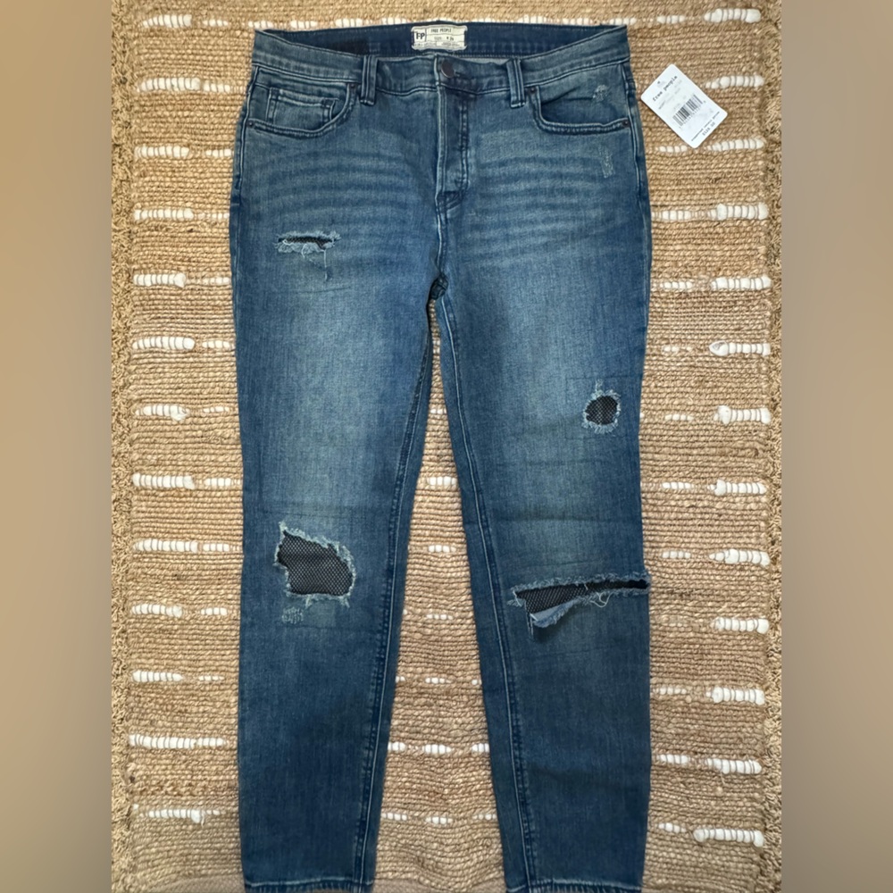 Free People Dark Blue Distressed Mesh Jeans size 29 NWT Y2K